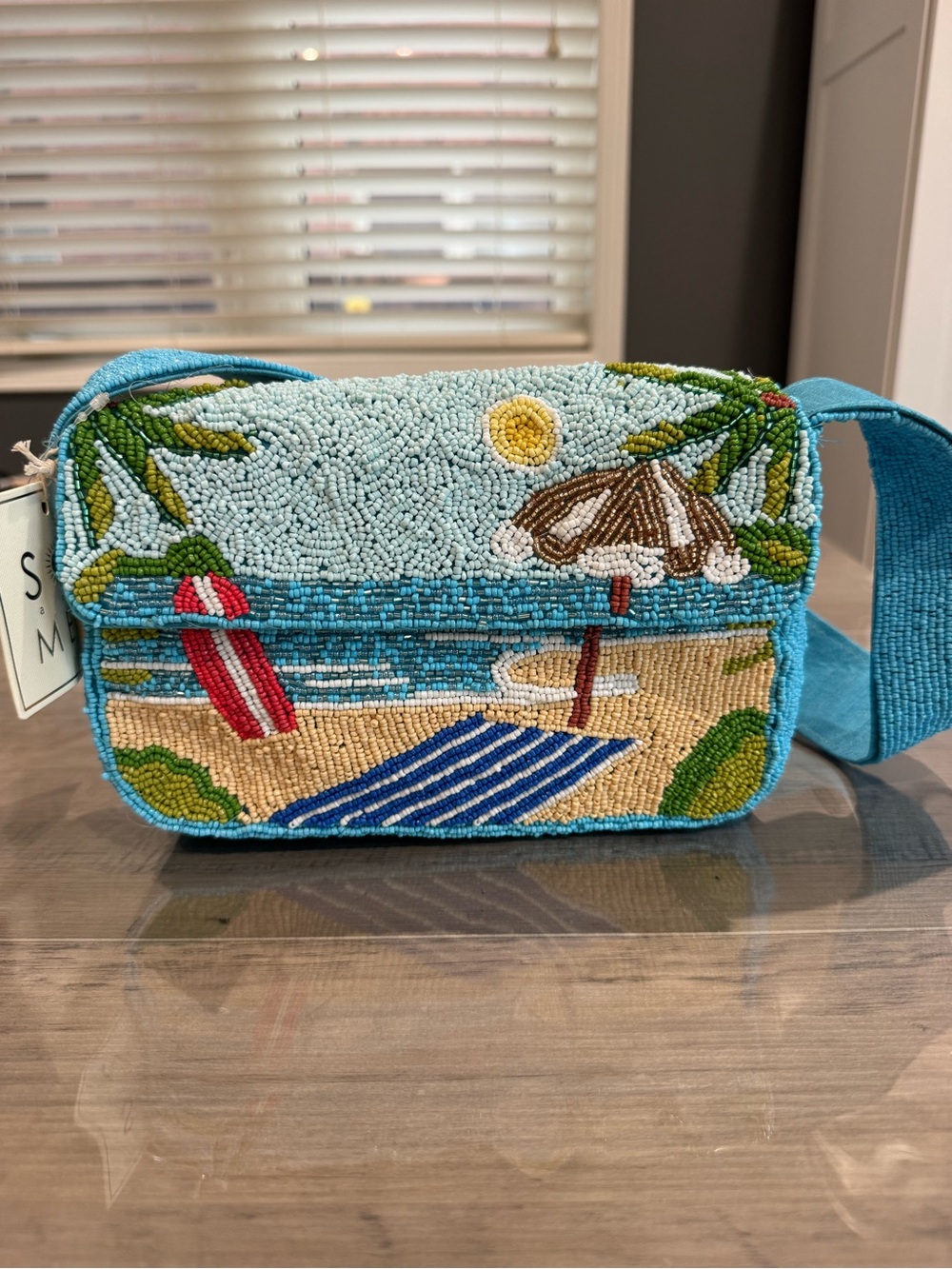 Beaded Beach Scene Shoulder Bag - Turquoise